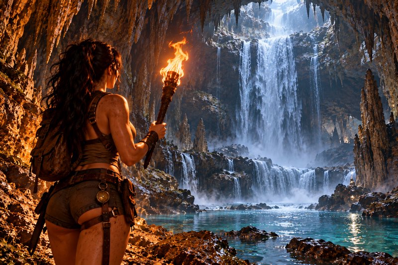 Explorer holding a flaming torch observes a tiered waterfall inside a vast rocky underground cave