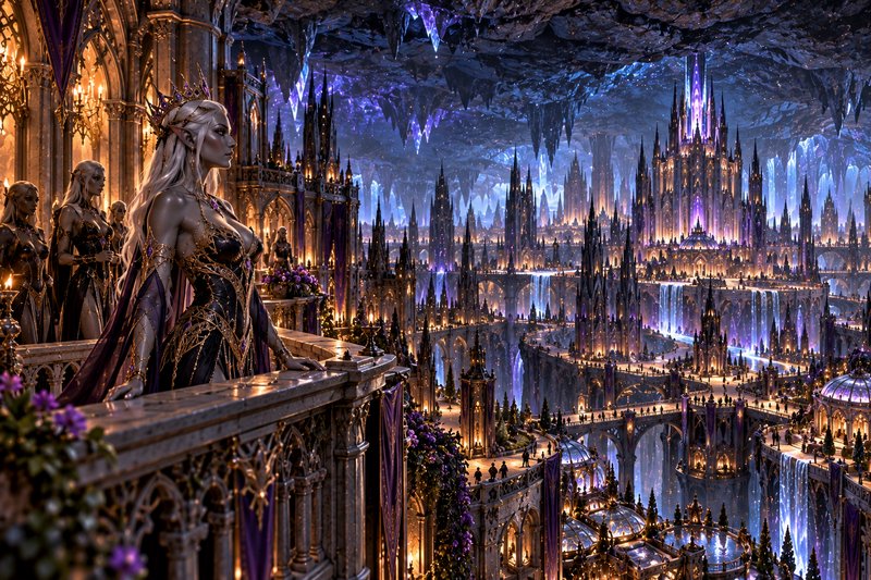 Silver-skinned dark elf queen stands on a palace balcony overlooking a vast underground fantasy cavern city