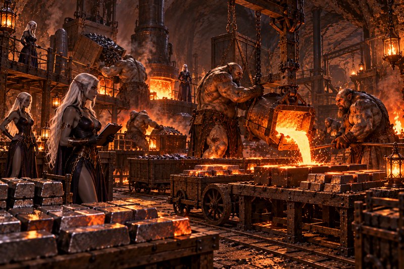 Dark elf overseers observe giant smiths pouring molten metal in a bustling underground fantasy foundry