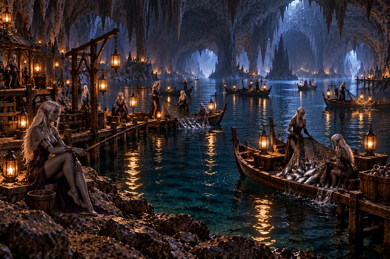 Dark elf fishing village on a glowing underground lake inside a vast stalactite cavern