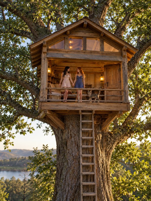 Two women holding hands on a rustic wooden treehouse balcony beside a tabby cat at golden hour
