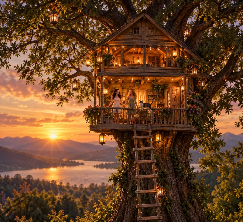 Two women and their cat stand on a lantern-lit treehouse balcony overlooking a mountain lake at golden sunset