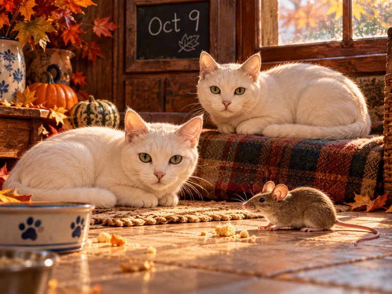Two white domestic cats watch a small brown house mouse next to spilled crumbs in a cozy autumn cottage