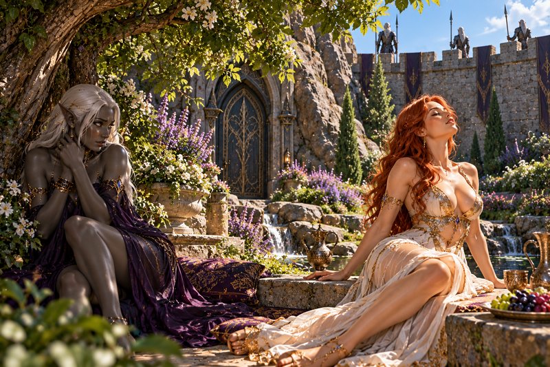 Dark elf and red-haired fantasy woman relaxing in a sunlit elven castle garden