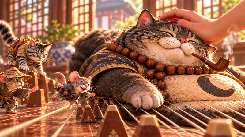 Plump robed tabby cat being petted as tiny anthropomorphic cat-mouse characters race across a guqin string instrument