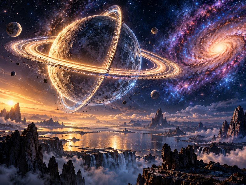 Glowing ringed giant planet hangs above an alien mountain landscape under a swirling colorful spiral galaxy