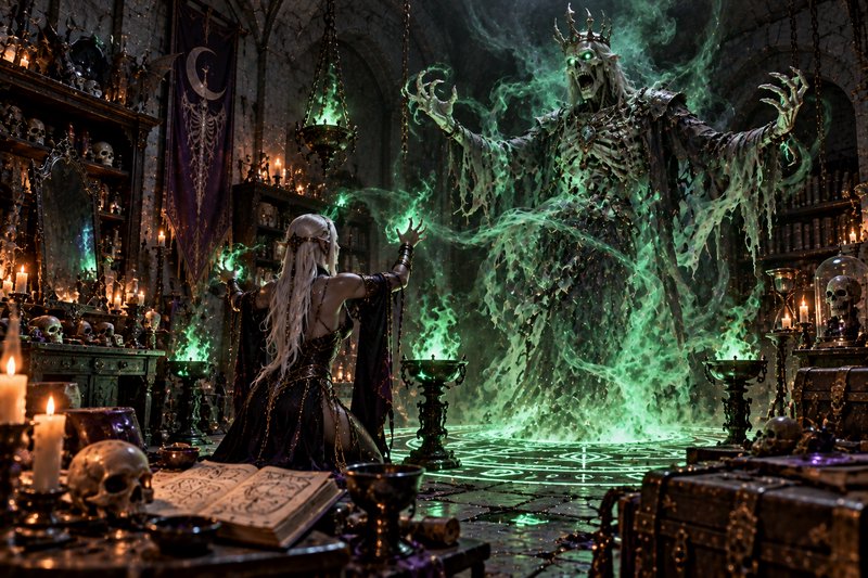 Elven necromancer summoning a glowing skeletal lich king in a candlelit arcane dungeon ritual chamber