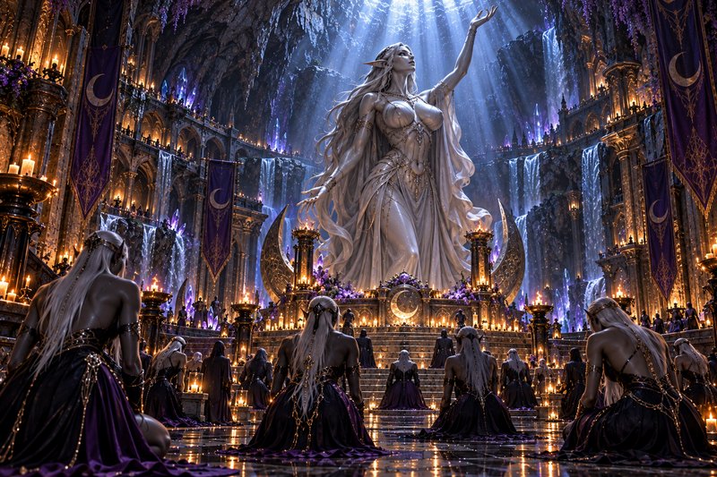 Elven worshippers kneel before a towering moon goddess statue in an ornate underground temple