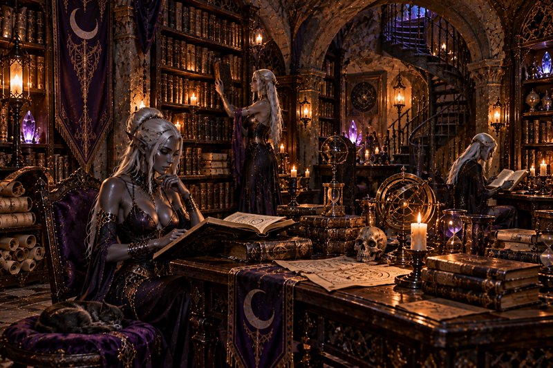 Three dark elf scholars studying in a richly decorated candlelit gothic fantasy library