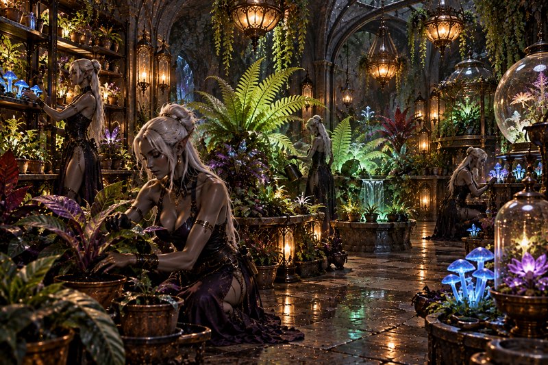 Dark elf women tend glowing magical plants inside an ornate vaulted gothic greenhouse