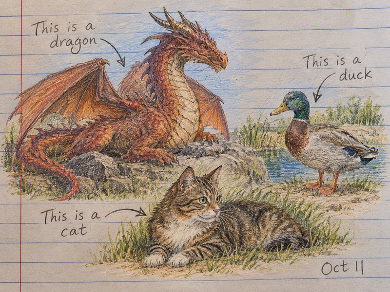 Whimsical lined notebook illustration labeling a red dragon, tabby cat, and mallard duck at a pond shore