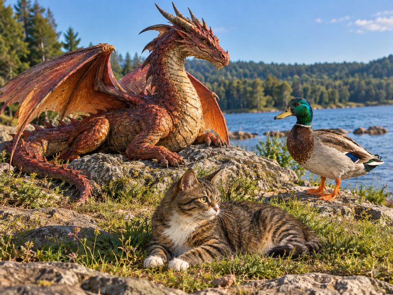 Red fantasy dragon, tabby cat, and mallard duck rest together on a sunlit rocky lakeshore