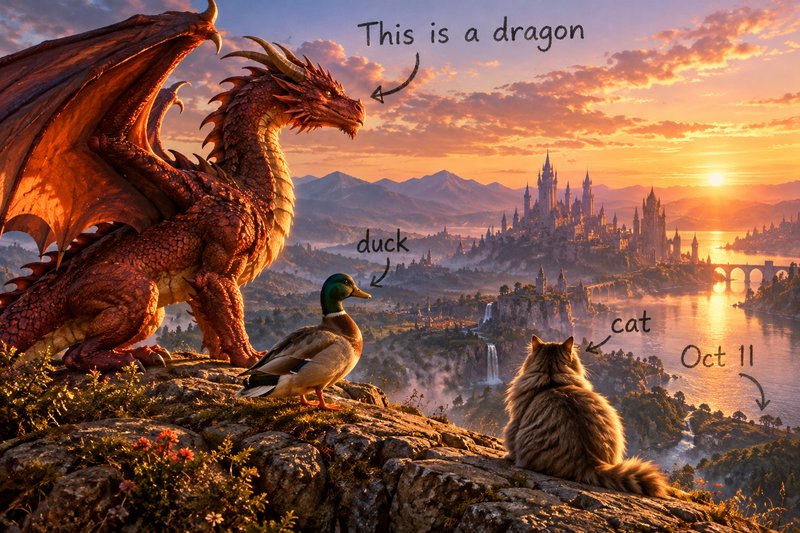Red dragon, mallard duck, and fluffy cat sit on a cliff overlooking a fantasy castle at golden sunset