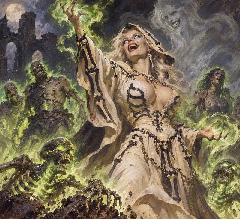 Female necromancer laughs as she summons undead amid swirling glowing green magic at moonlit castle ruins