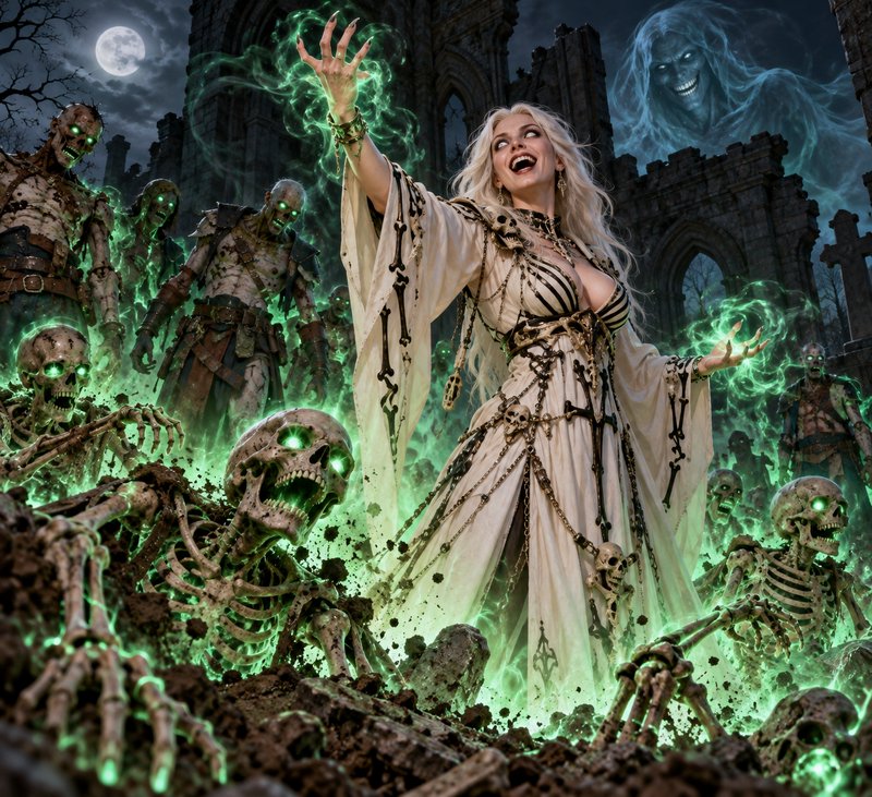 Female necromancer casting glowing green magic to raise undead skeletons in a moonlit graveyard ruin