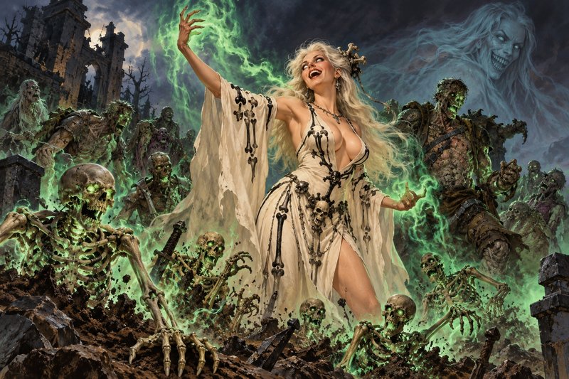 Laughing blonde necromancer summons glowing undead skeletons and zombies with swirling green graveyard magic