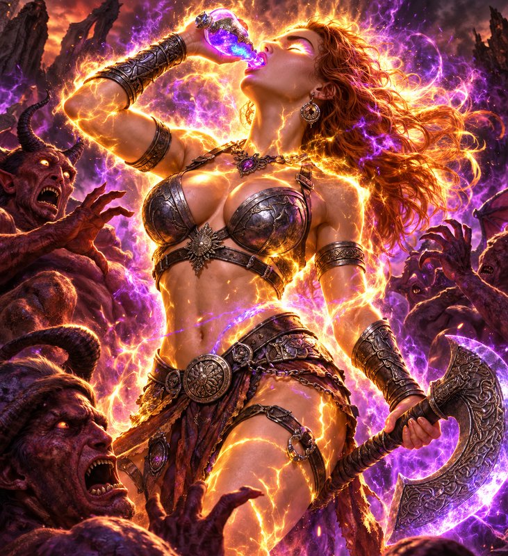 Fiery barbarian warrior drinks glowing magic potion while surrounded by attacking demons, holding an ornate battle axe
