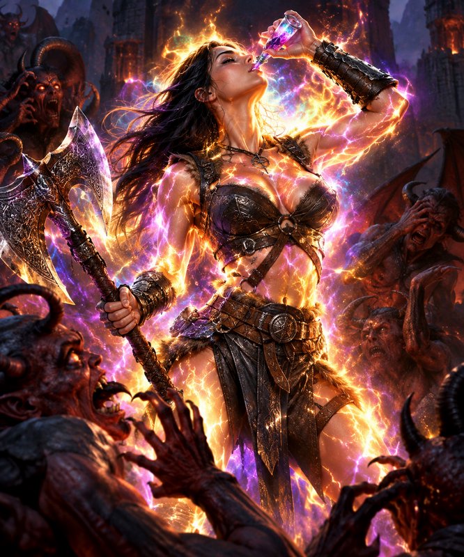 Female fantasy barbarian drinks glowing magic potion, wielding an enchanted axe as demons recoil around her