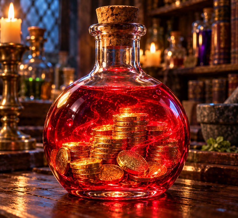 Round corked glass potion bottle filled with glowing red liquid and stacked gold coins on an alchemist workbench