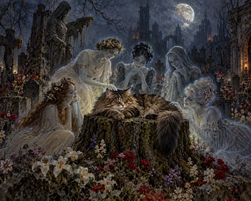 Glowing ghostly spirit women gather to pet a sleeping fluffy tabby cat resting on a mossy graveyard stump under a full moon