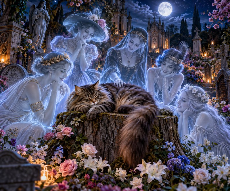 Ethereal ghostly women gather around a sleeping fluffy Maine Coon cat resting on a mossy stump in a moonlit flower-filled