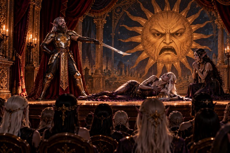 Armored elf knight points a sword at a fallen elf on a theater stage, watched by an elven audience