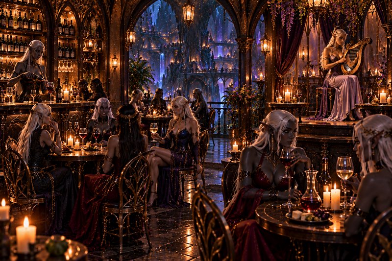 Candlelit lavish elven tavern with dark elf patrons, a harpist performing, overlooking a glowing fantasy citadel