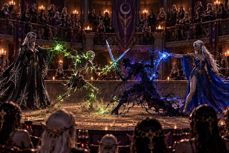 Two elven sorceresses summon dueling undead warriors in a candlelit dark elf arena