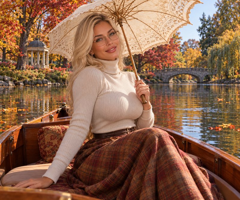 Blonde woman holding a vintage lace parasol sits in a wooden rowboat on a sunny autumn lake