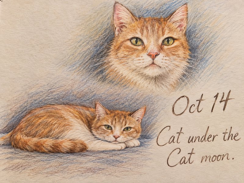 Colored pencil illustration of two matching ginger tabby cats, one reclining and one head portrait, beside whimsical