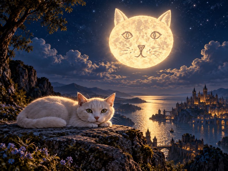 Fluffy white cat rests on a mossy cliff beneath a cat-shaped full moon overlooking a fantasy lakeside kingdom