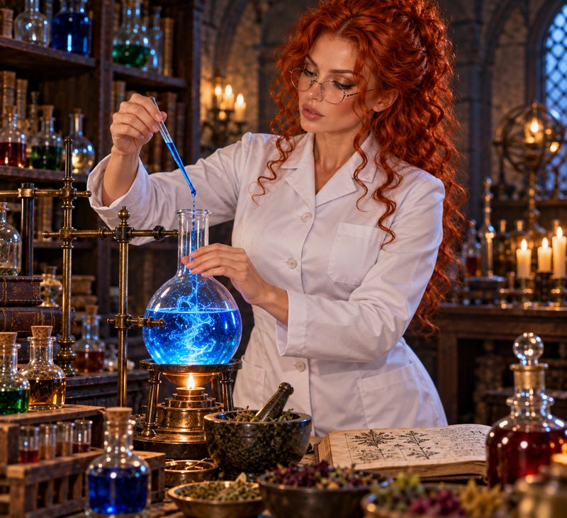 Woman with curly red hair uses a pipette to add glowing blue liquid to a flask in a candlelit alc...