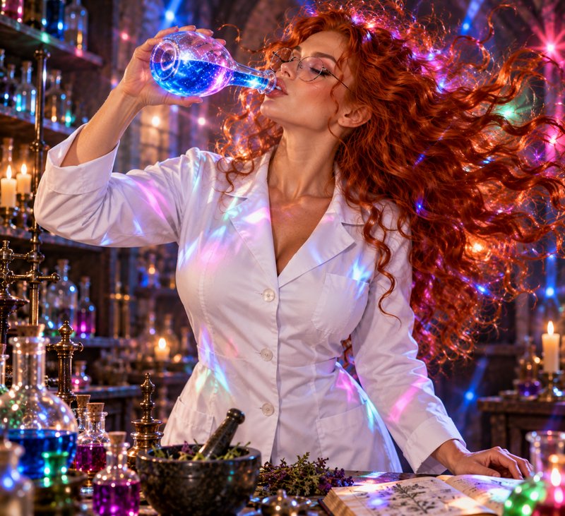 Curly red haired alchemist sips glowing blue magical potion in a candlelit fantasy lab