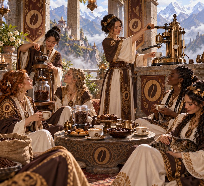 Robed fantasy coffee priestesses brew and enjoy espresso on a sunlit stone mountain terrace with ...