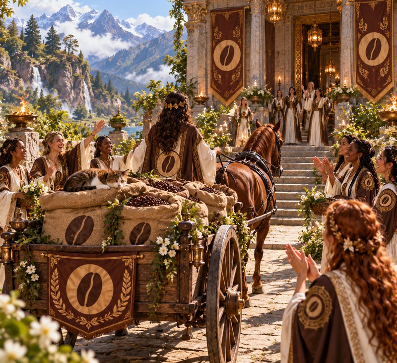 Horse-drawn cart of coffee sacks arrives to a cheering crowd at an ornate mountain fantasy palace