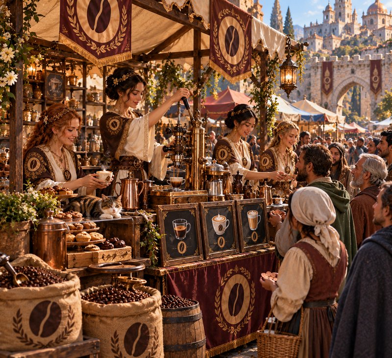 Baristas serve coffee at a bustling medieval fantasy market stall, with a tabby cat resting on th...