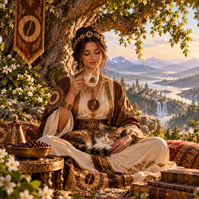 Regal coffee fantasy goddess sips warm coffee with a sleeping tabby cat overlooking a fairytale m...