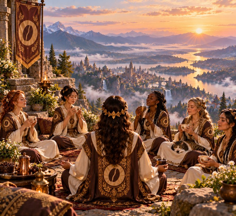 Group of robed fantasy coffee order priestesses share drinks on a stone terrace overlooking a mag...