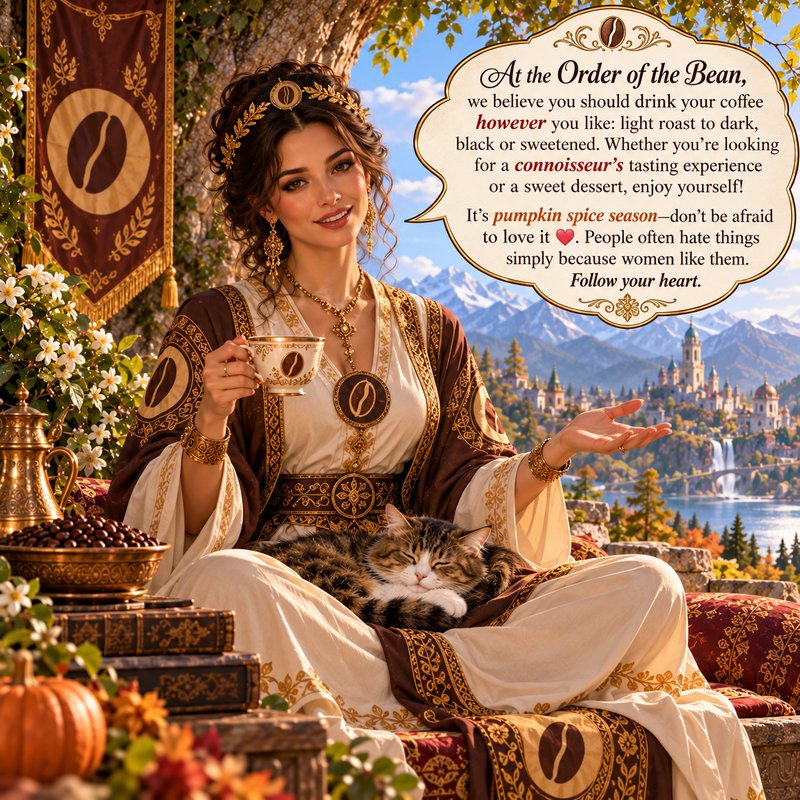 Whimsical fantasy coffee priestess holds a coffee cup, with a sleeping tabby cat on her lap overl...