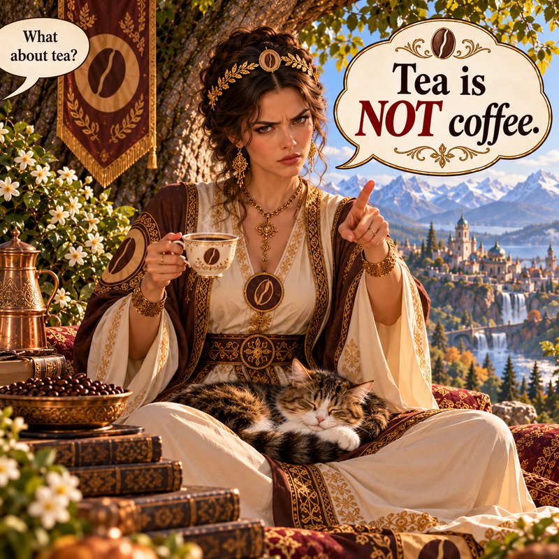 Stern fantasy coffee goddess holds a coffee cup declaring tea is not coffee, with a tabby cat on ...
