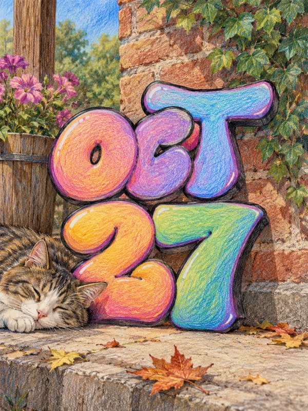 Sleeping tabby cat rests next to glossy gradient OCT 27 text on an autumn stone porch