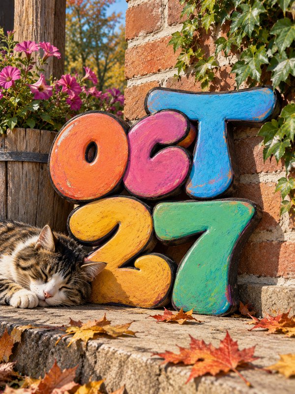 Sleepy tabby cat rests beside colorful OCT 27 sign on a sunlit autumn doorstep