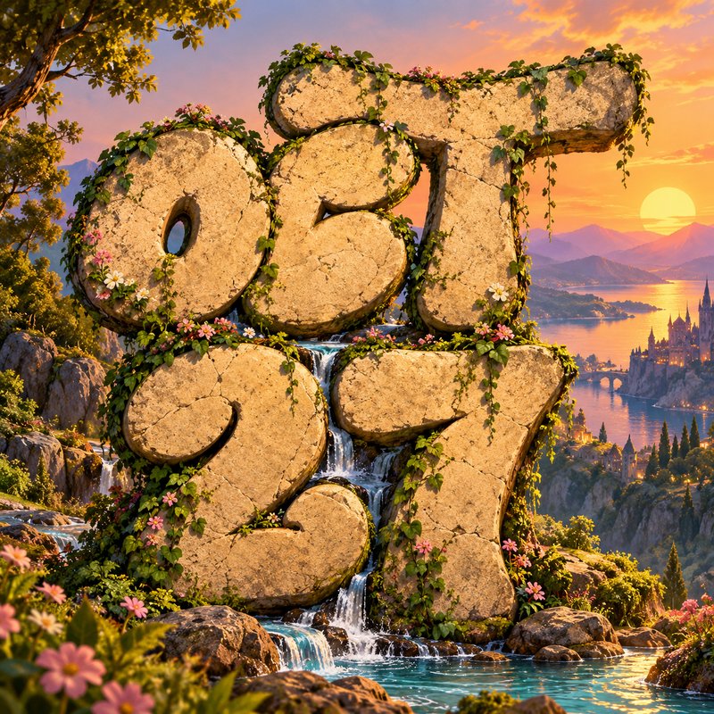 Ivy-draped stone Oct 27 sculpture with cascading waterfall overlooks a fantasy sunset lakeside la...