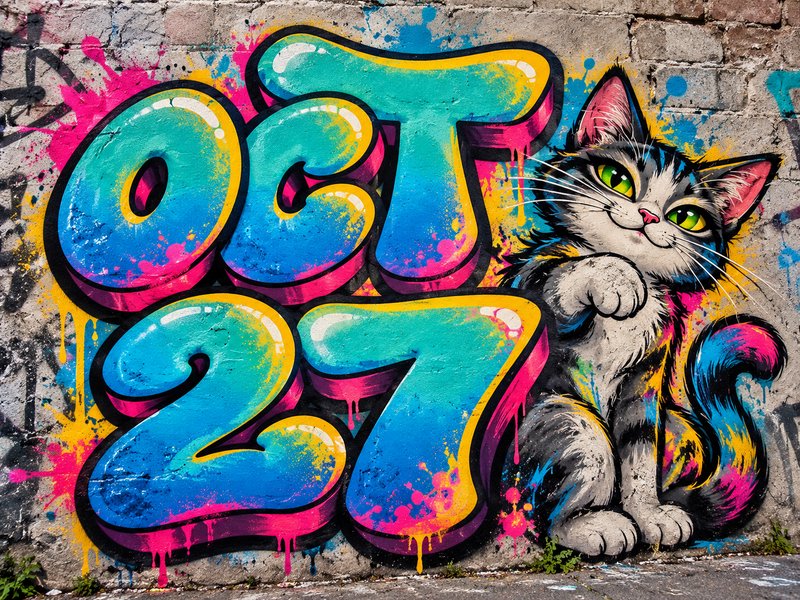 Vibrant street art graffiti spelling Oct 27 next to a smiling tabby cat on a weathered brick wall