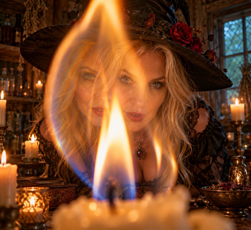 Blonde witch in a rose-adorned black hat stares intently through a flickering candle flame in a r...