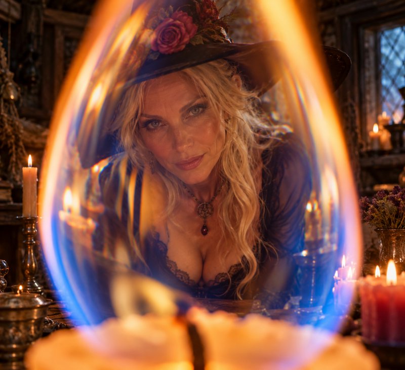 Blonde witch in a floral wide brim hat gazing into a glowing crystal ball surrounded by candlelight