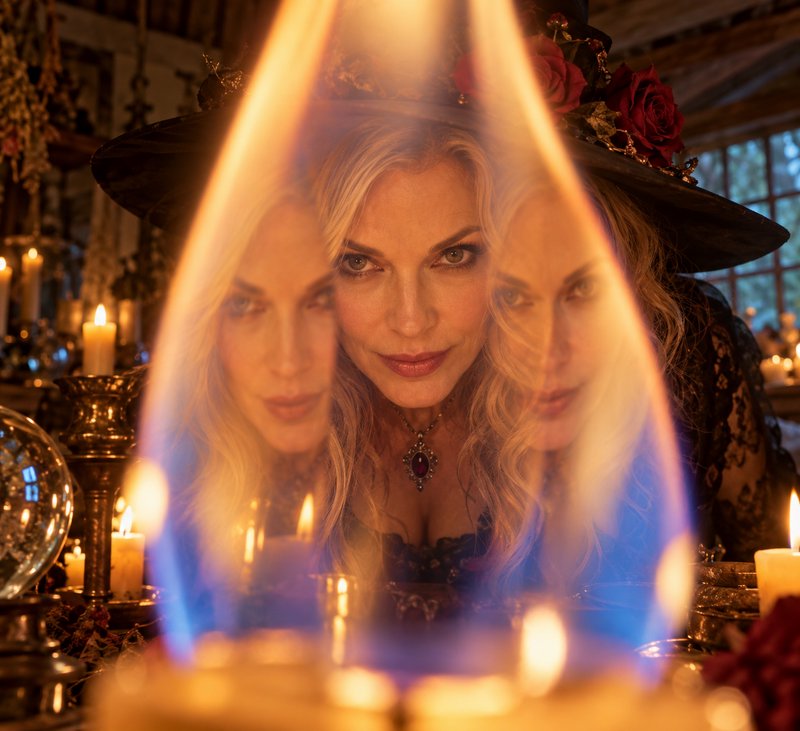 Woman in an ornate rose-adorned witch hat peers through a tall flickering candle flame