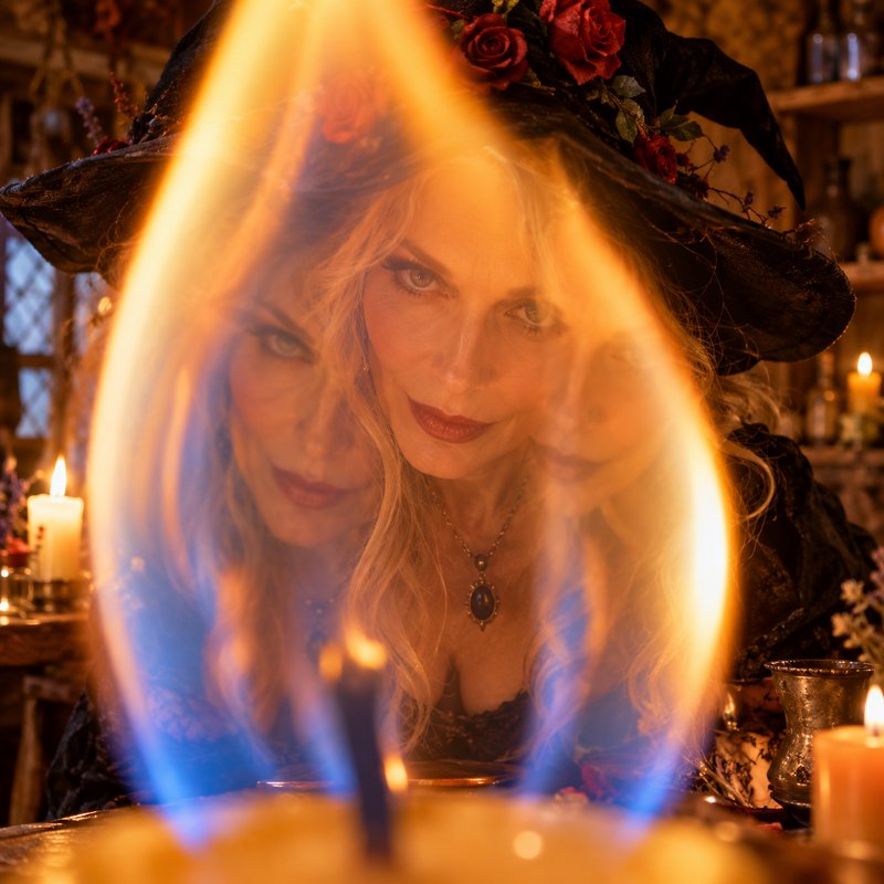 Blonde witch in a rose-adorned black hat gazes intently through flickering enchanted flame with o...