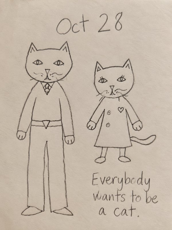Pencil sketch doodle of two anthropomorphic cat characters with handwritten text on cream paper