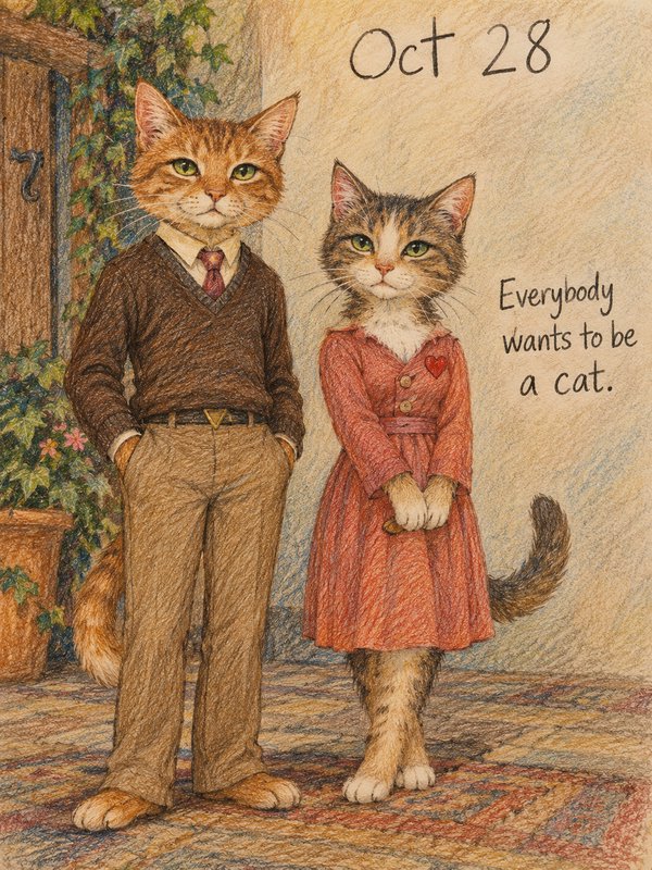 Anthropomorphic tabby cat couple in vintage clothing stand beside handwritten text reading Oct 28...